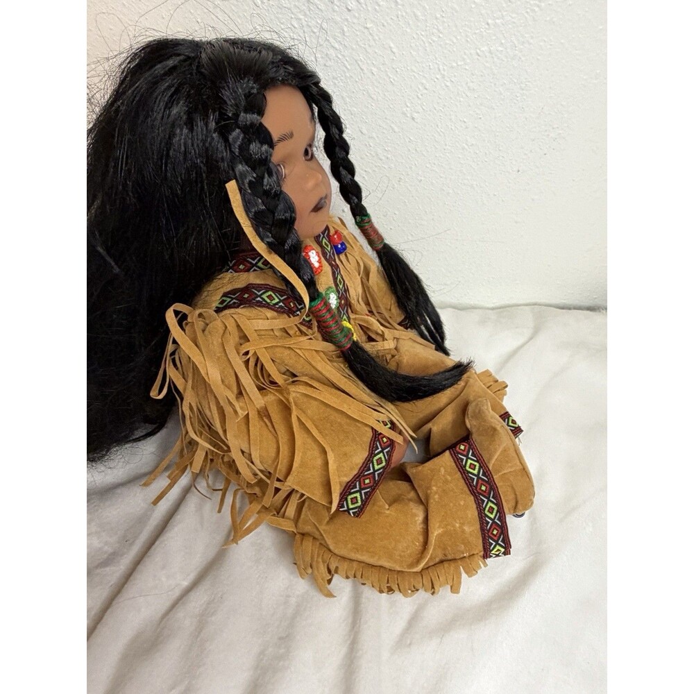 Native American Style Collectible Girl Doll, Braided Hair, Beaded Fringe Outfit - Picture 4 of 5